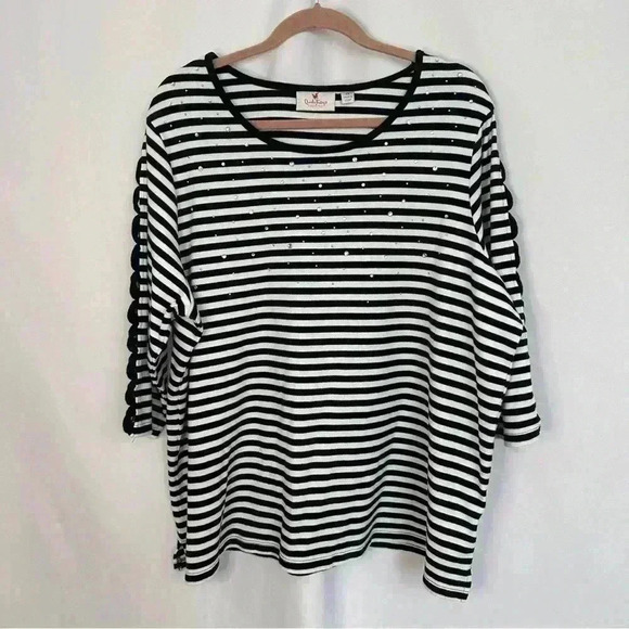 Quacker Factory Top Blouse Striped Beaded Womens Plus Size 2X Crisscross Sleeves - Picture 1 of 14